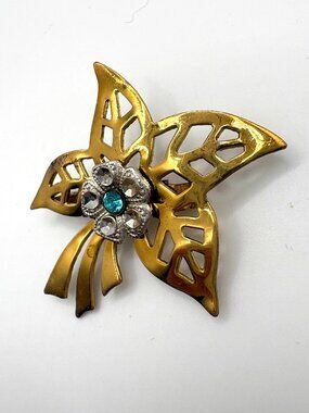 Vintage 1940s Floral Leaf Brooch with Blue Rhinestone